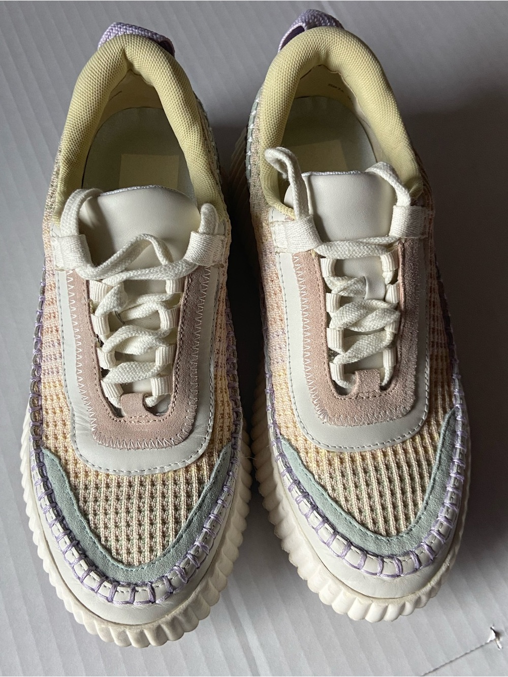 Dolce Vita Cream Knit Sneakers with Pastel Lavender and Mint Accents